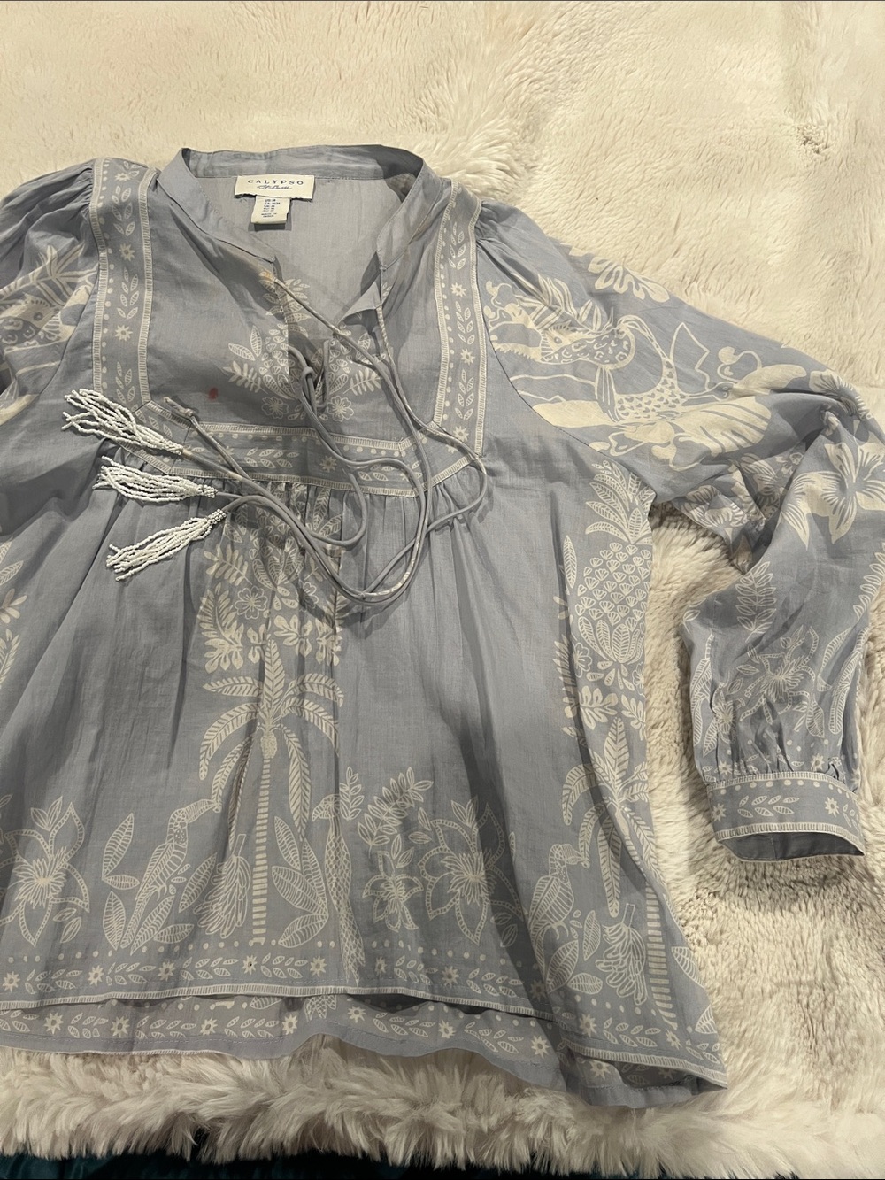 Joie-Inspired Light Blue Floral Peasant Blouse